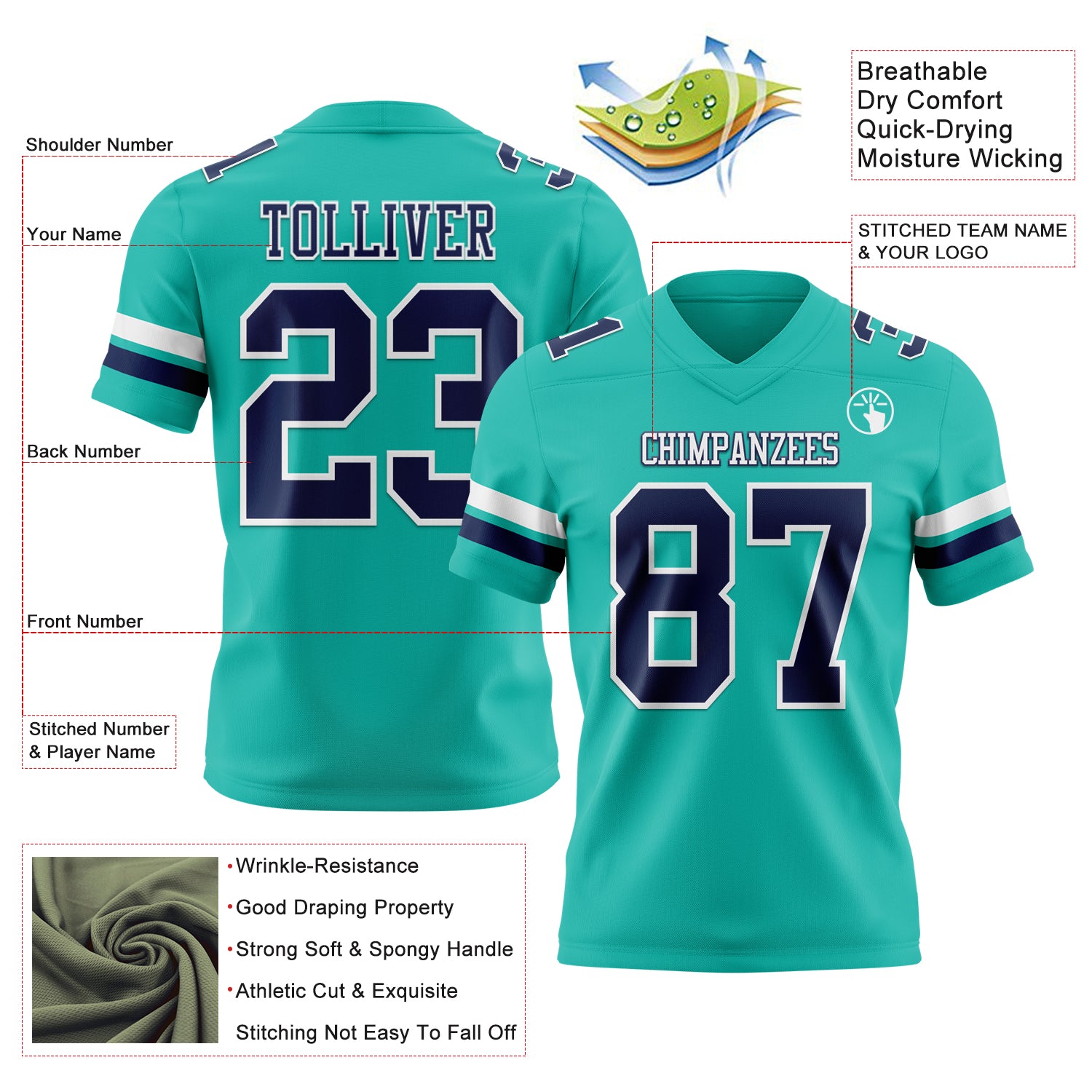 Custom Aqua Navy-White Authentic Football Jersey