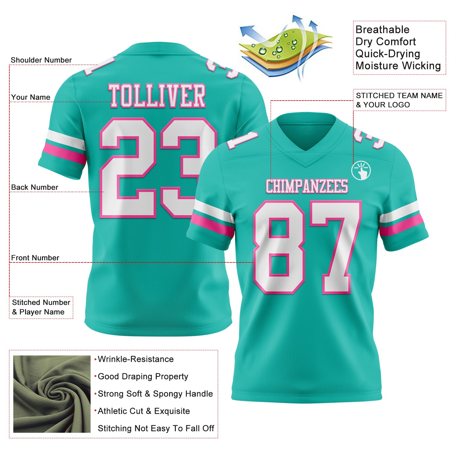 Custom Aqua White-Pink Authentic Football Jersey