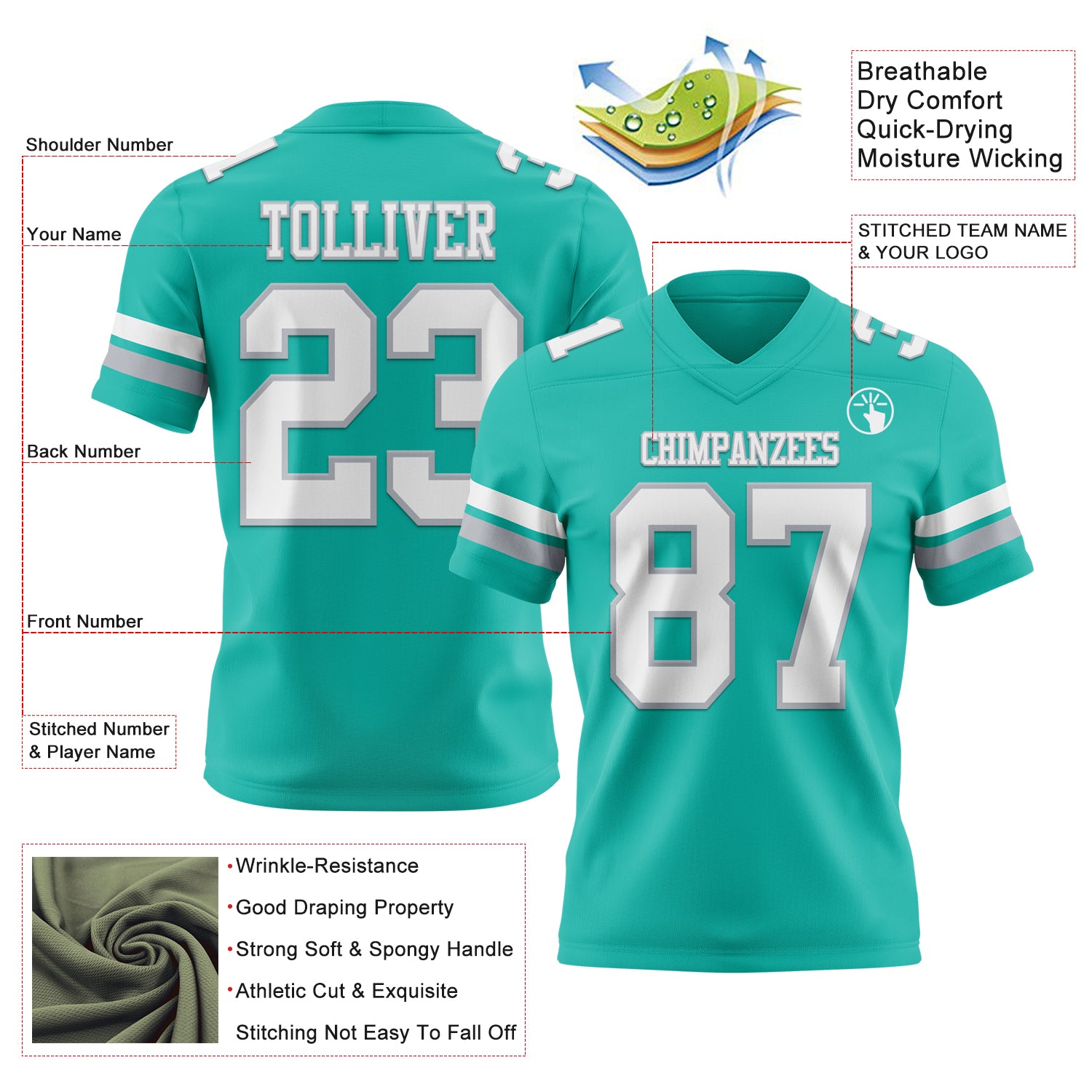 Custom Aqua White-Gray Authentic Football Jersey