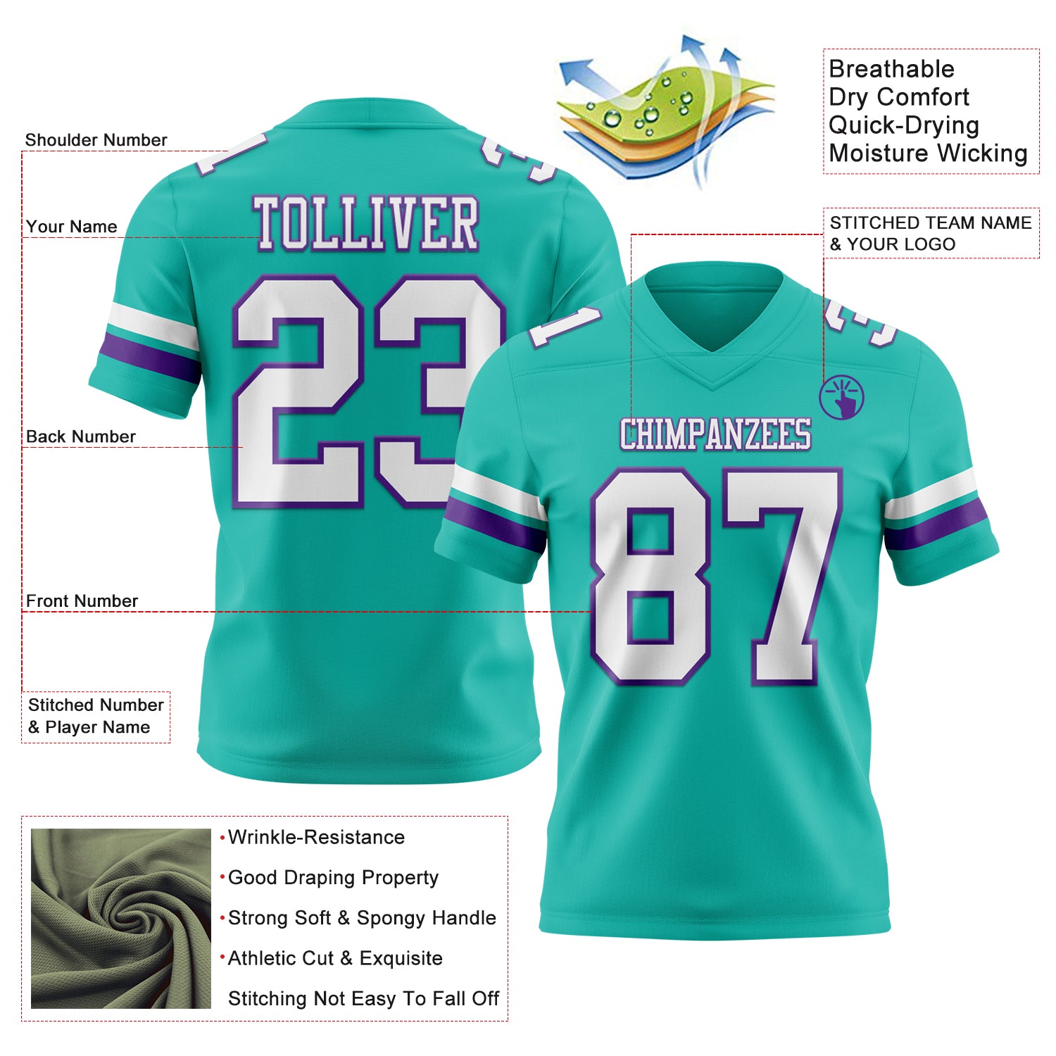 Custom Aqua White-Purple Authentic Football Jersey