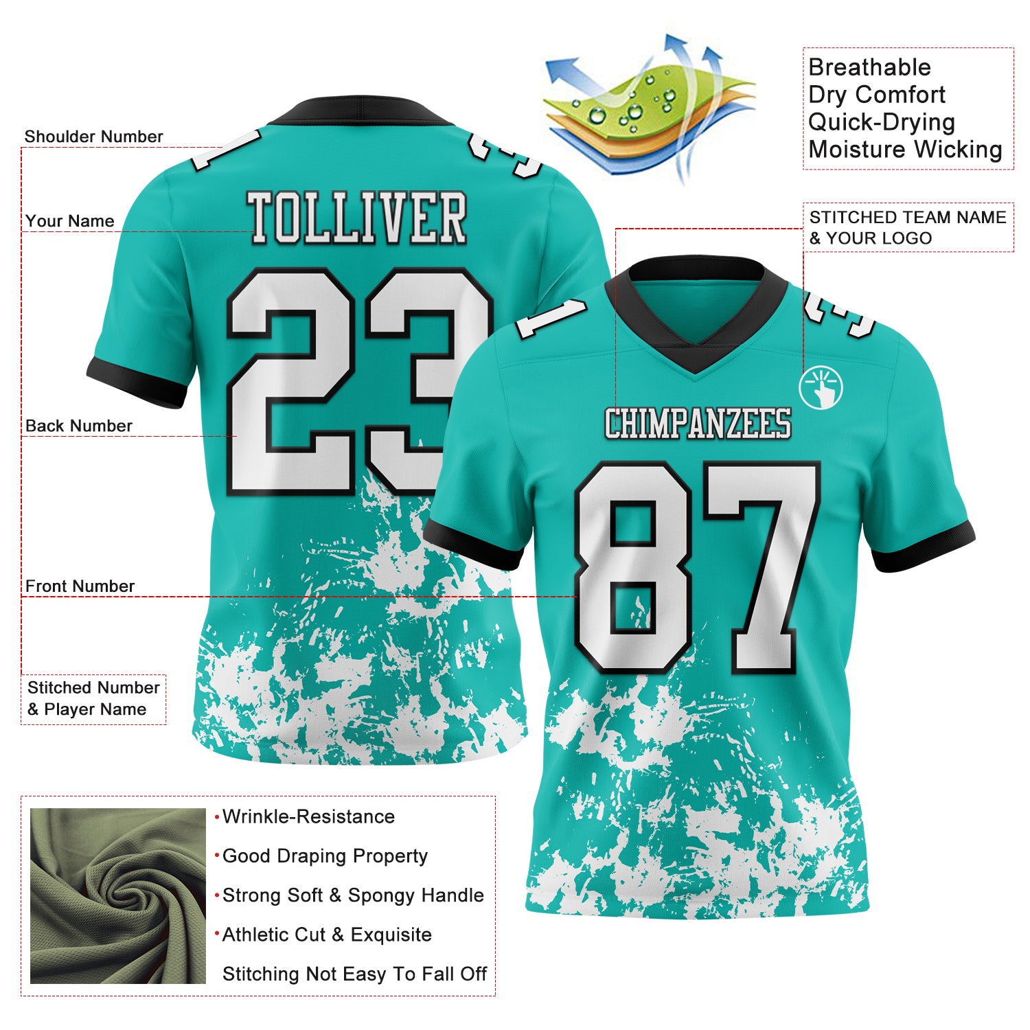 Custom Aqua White-Black 3D Pattern Splash Authentic Football Jersey