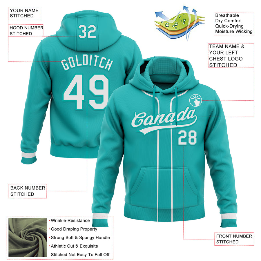 Custom Stitched Aqua White-Aqua Baseball Pullover Sweatshirt Hoodie