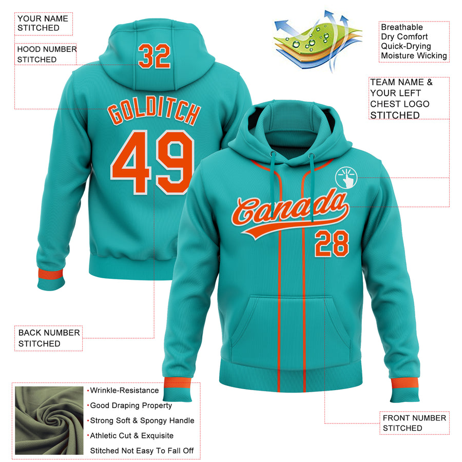 Custom Stitched Aqua Orange-White Baseball Pullover Sweatshirt Hoodie