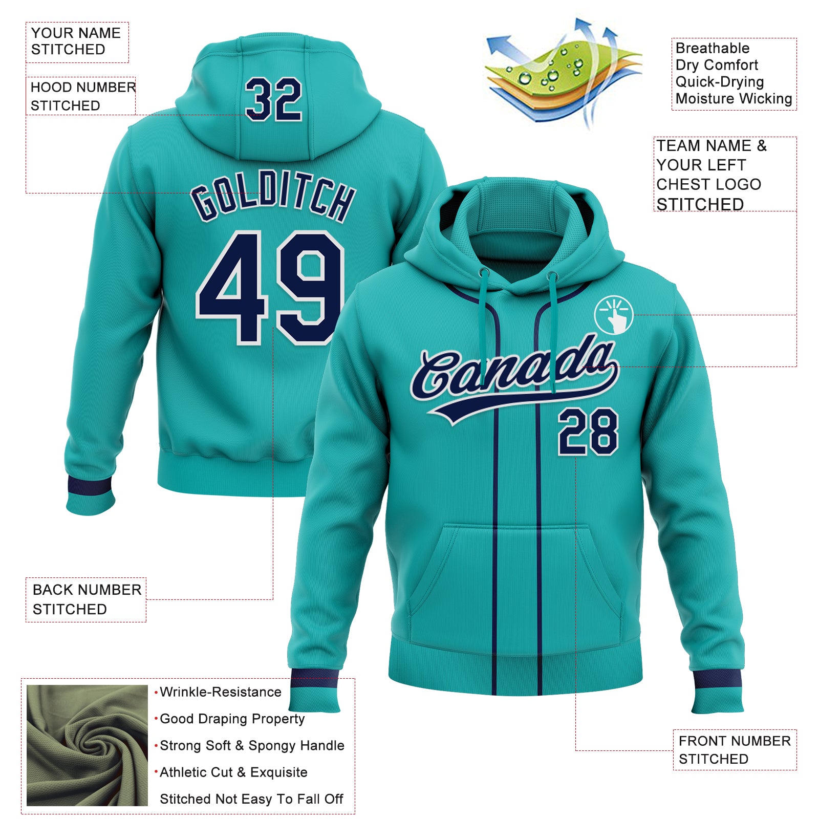 Custom Stitched Aqua Navy-White Baseball Pullover Sweatshirt Hoodie