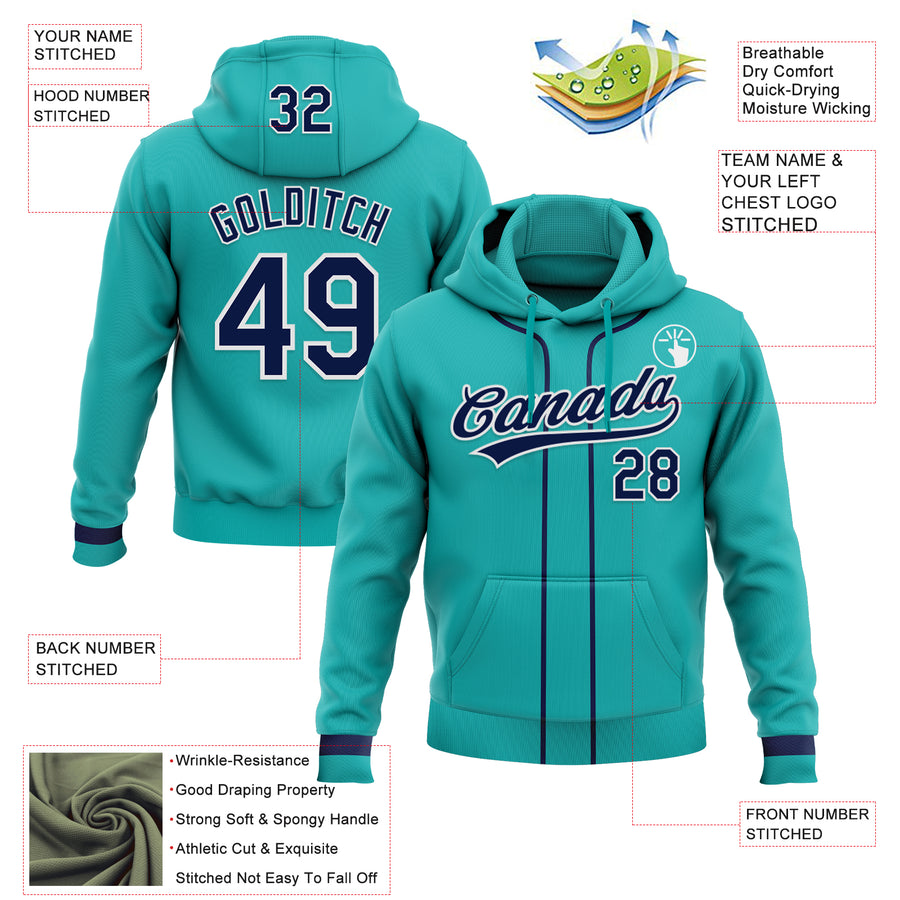 Custom Stitched Aqua Navy-White Baseball Pullover Sweatshirt Hoodie