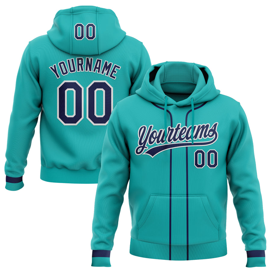 Custom Stitched Aqua Navy-White Baseball Pullover Sweatshirt Hoodie