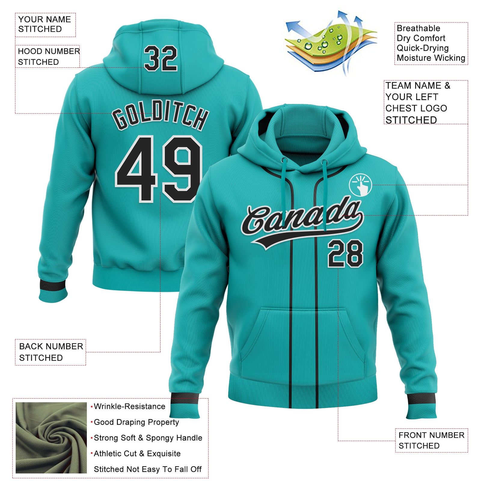 Custom Stitched Aqua Black-White Baseball Pullover Sweatshirt Hoodie