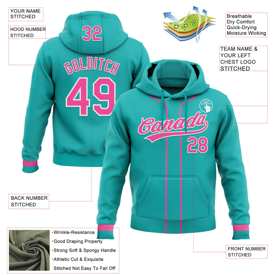 Custom Stitched Aqua Pink-White Baseball Pullover Sweatshirt Hoodie