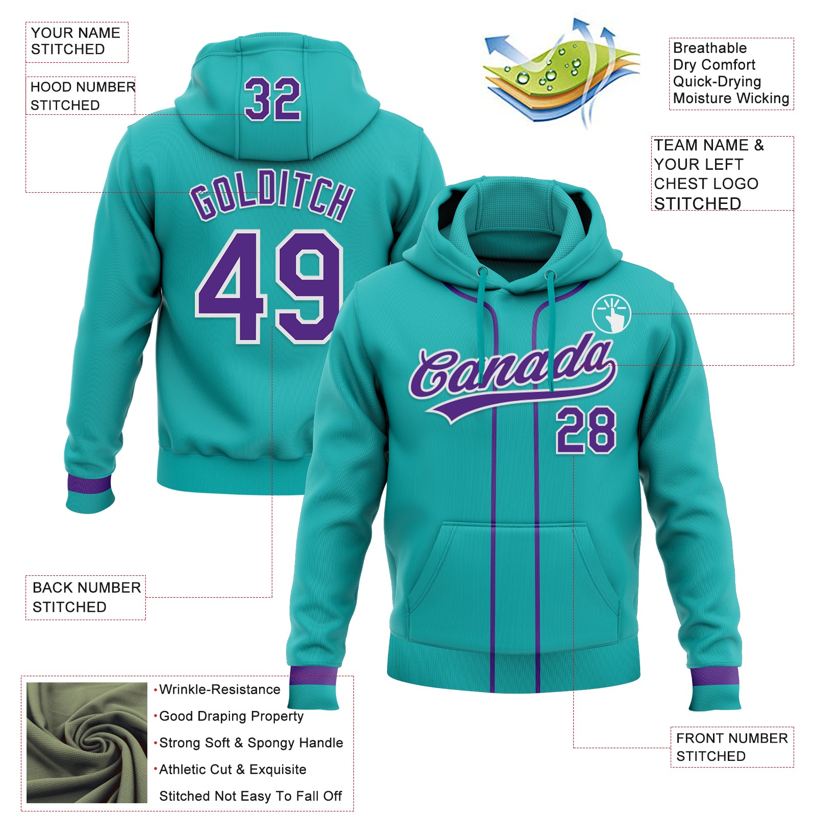 Custom Stitched Aqua Purple-White Baseball Pullover Sweatshirt Hoodie