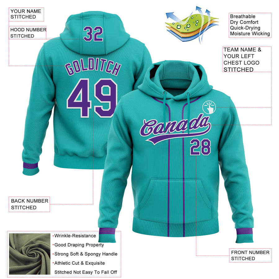 Custom Stitched Aqua Purple-White Baseball Pullover Sweatshirt Hoodie
