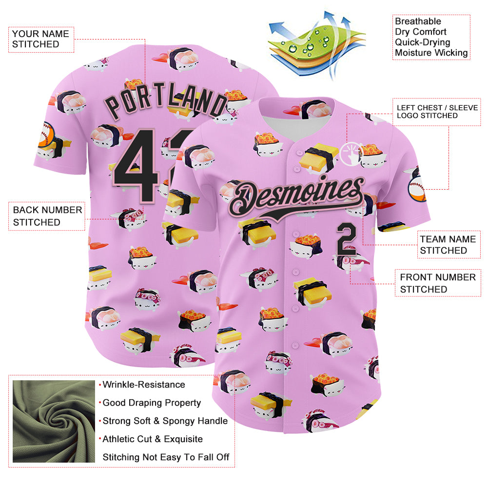 Custom Pink Black-Light Pink 3D Cindy Suen Sushi Cats in Pink Authentic Baseball Jersey