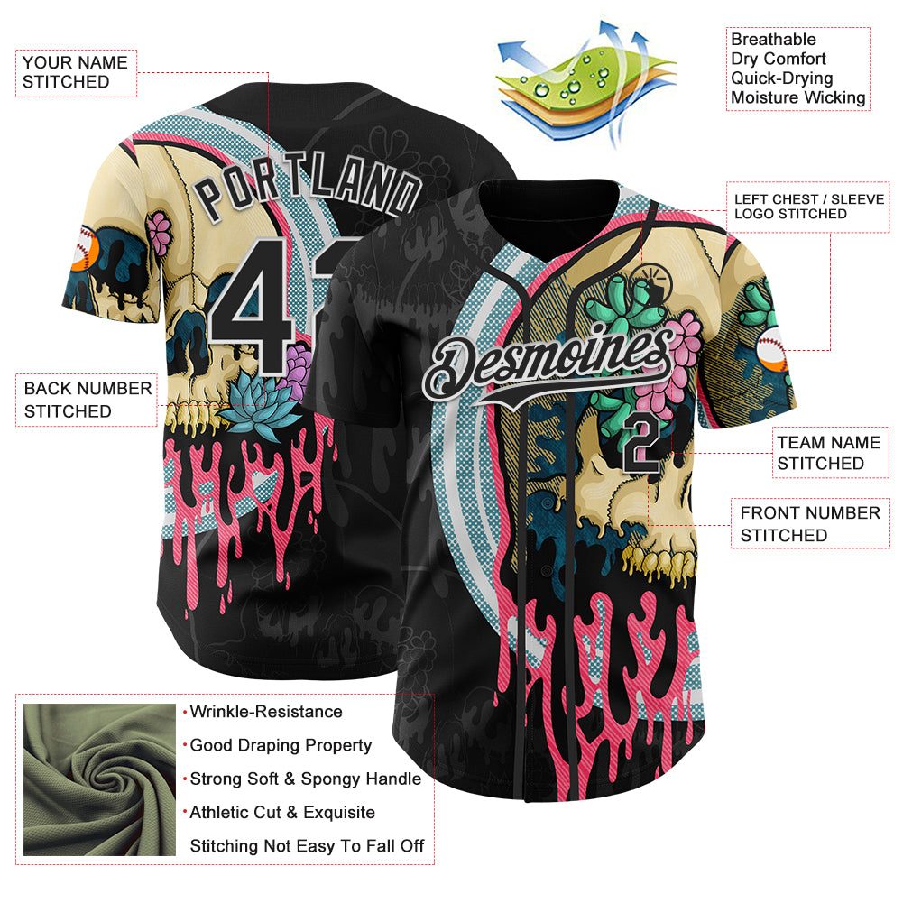 Custom Black White 3D Illymakes Drippy Succulent Skull Authentic Baseball Jersey