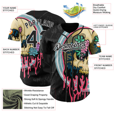 Custom Black White 3D Illymakes Drippy Succulent Skull Authentic Baseball Jersey