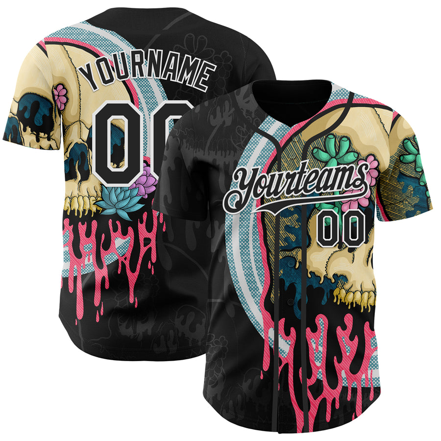 Custom Black White 3D Illymakes Drippy Succulent Skull Authentic Baseball Jersey