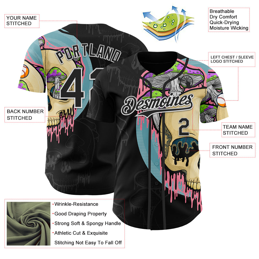 Custom Black White 3D Illymakes Drippy Mushroom Skull Authentic Baseball Jersey