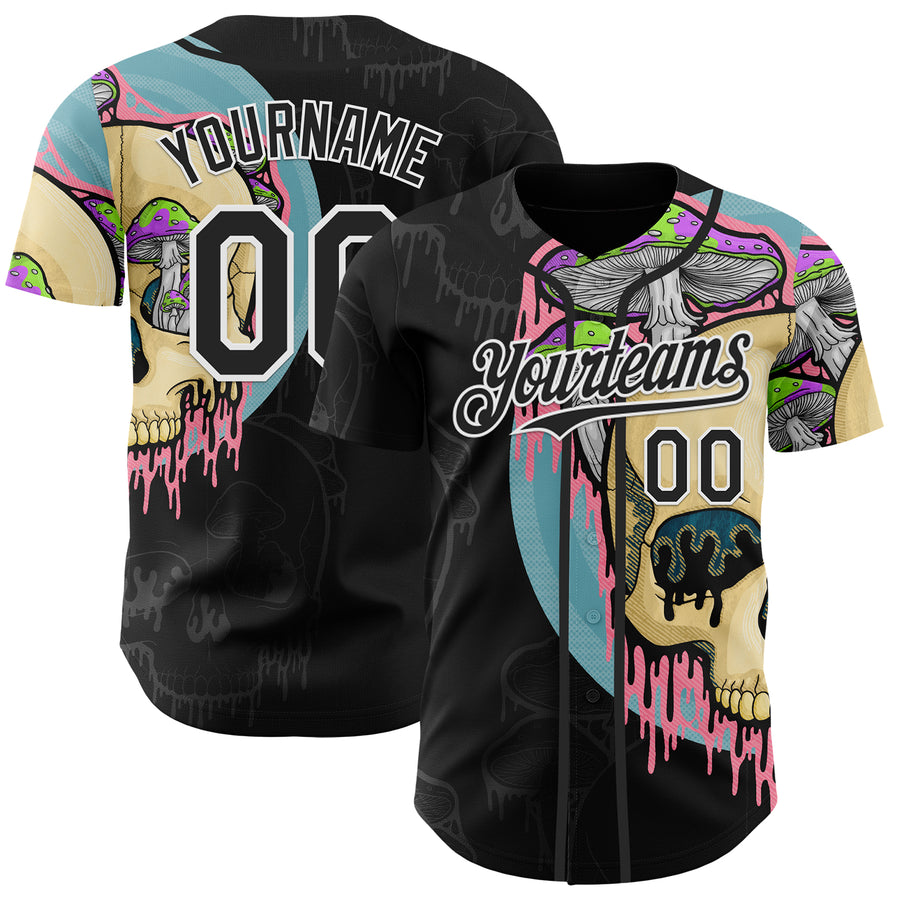 Custom Black White 3D Illymakes Drippy Mushroom Skull Authentic Baseball Jersey