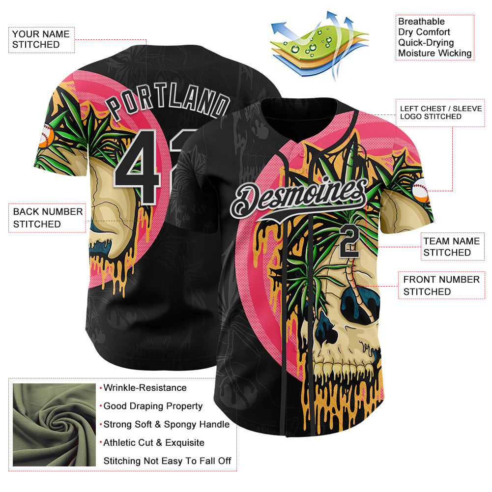 Custom Black White 3D Illymakes Drippy Tropical Skull Authentic Baseball Jersey