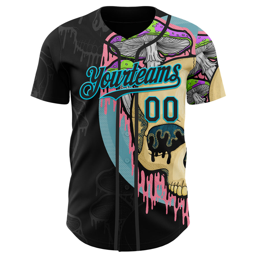 Custom Black Lakes Blue 3D Illymakes Drippy Mushroom Skull Authentic Baseball Jersey