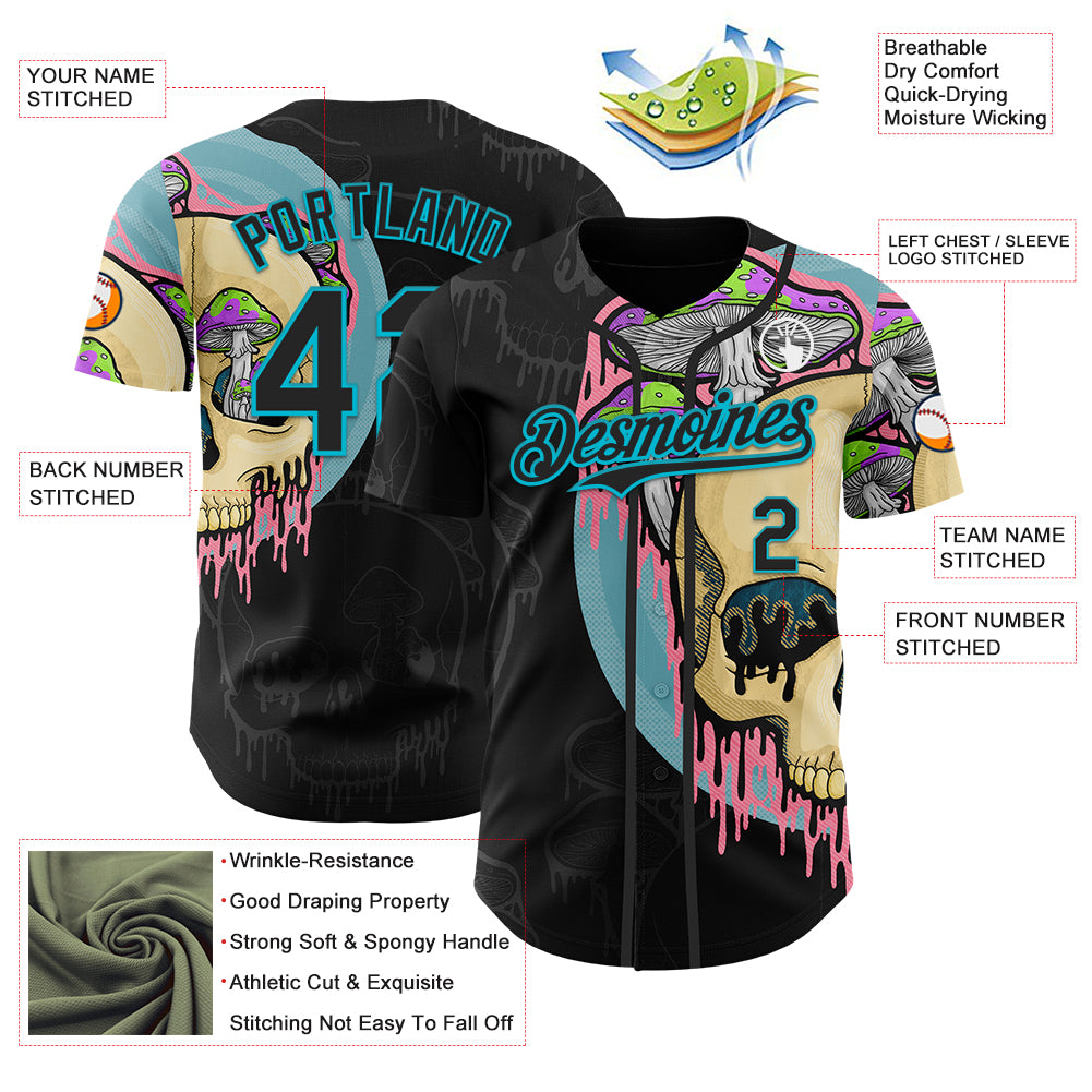 Custom Black Lakes Blue 3D Illymakes Drippy Mushroom Skull Authentic Baseball Jersey