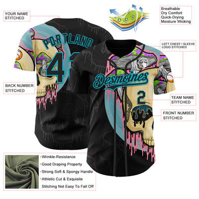 Custom Black Lakes Blue 3D Illymakes Drippy Mushroom Skull Authentic Baseball Jersey
