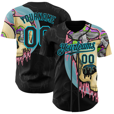 Custom Black Lakes Blue 3D Illymakes Drippy Mushroom Skull Authentic Baseball Jersey