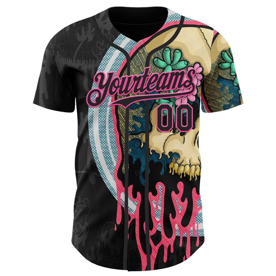Custom Black Pink 3D Illymakes Drippy Succulent Skull Authentic Baseball Jersey