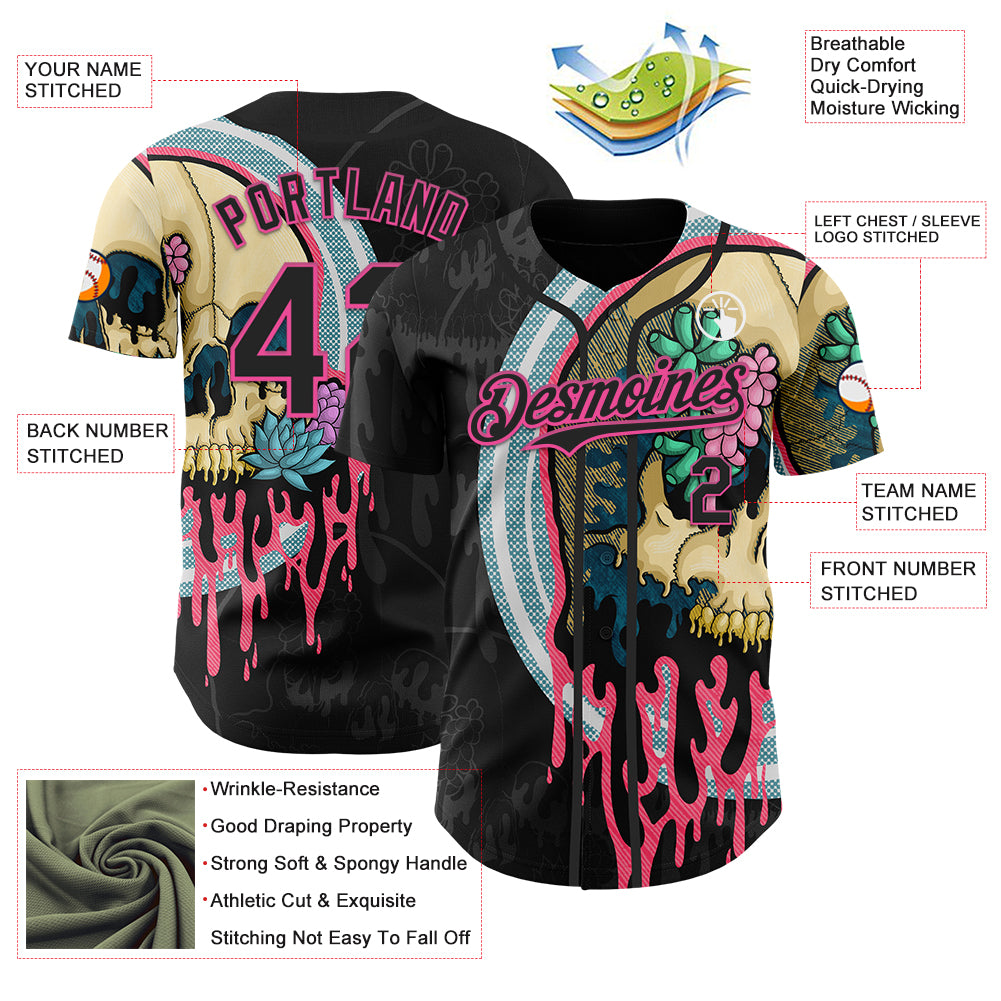 Custom Black Pink 3D Illymakes Drippy Succulent Skull Authentic Baseball Jersey