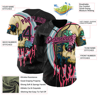 Custom Black Pink 3D Illymakes Drippy Succulent Skull Authentic Baseball Jersey