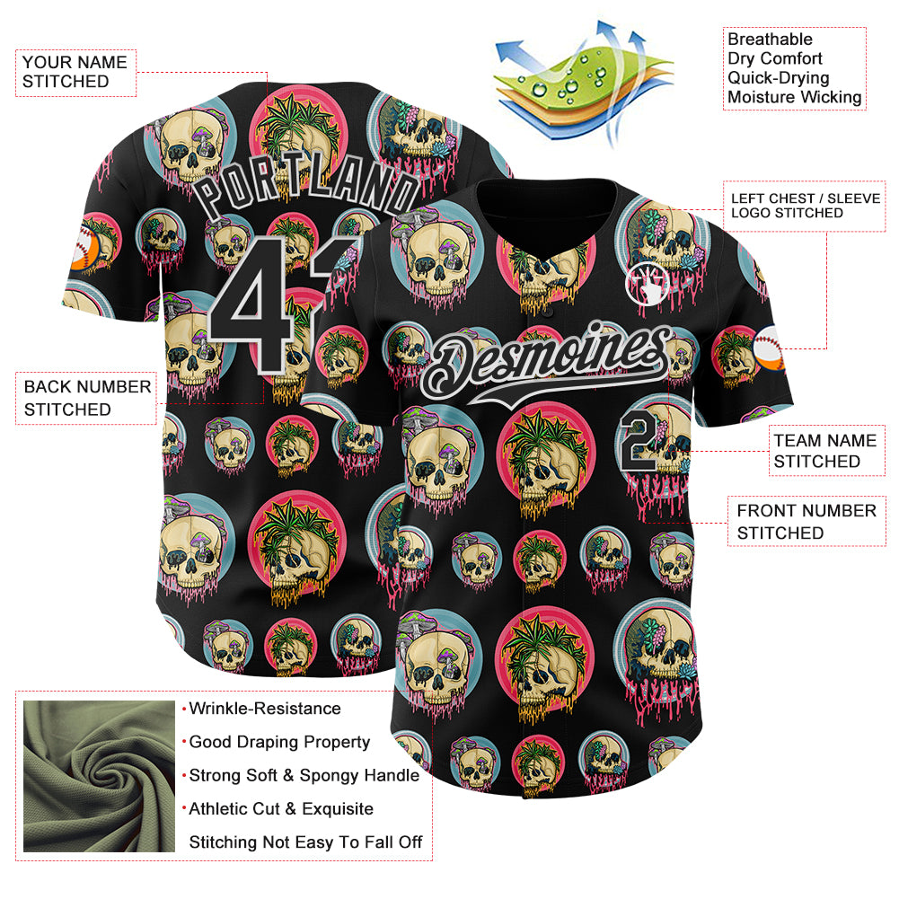 Custom Black White 3D Illymakes Drippy Skulls Authentic Baseball Jersey