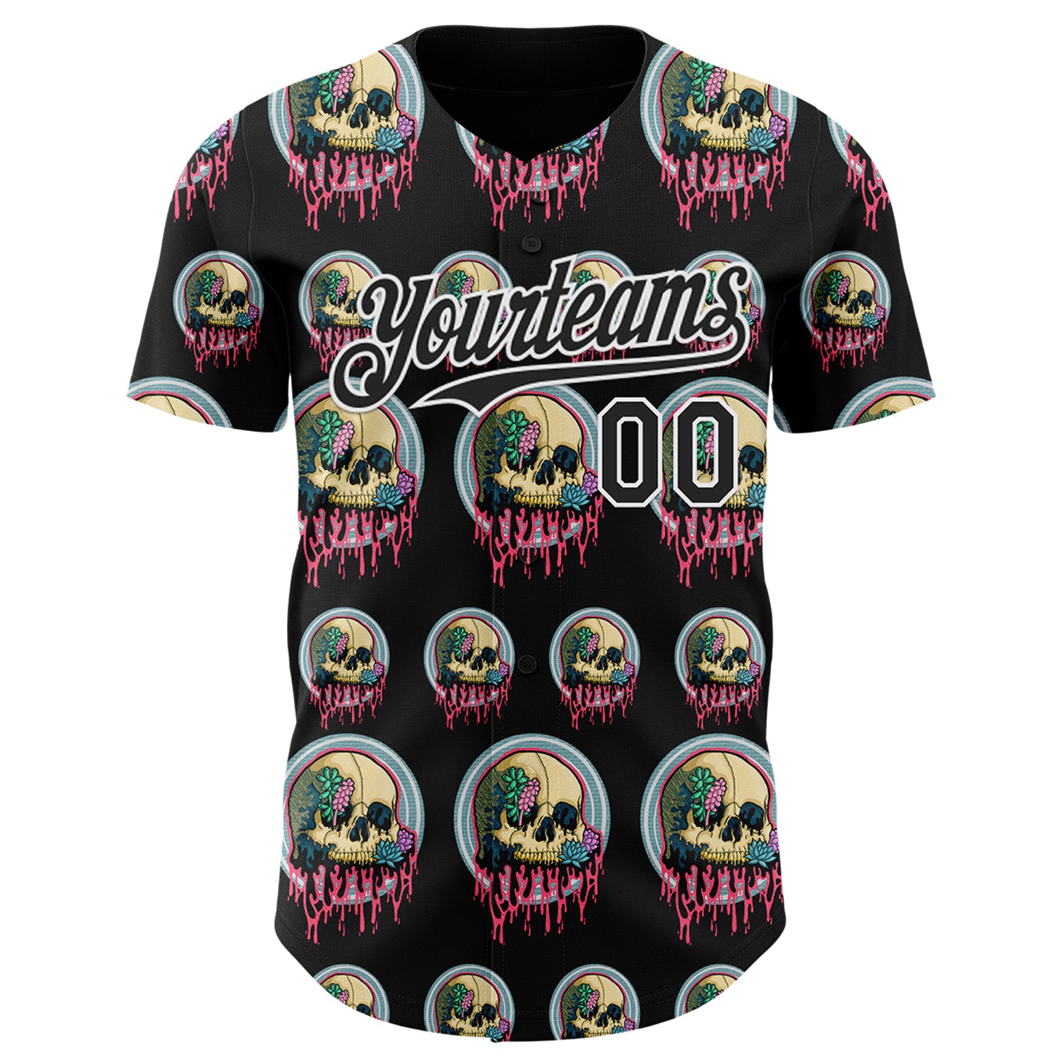 Custom Black White 3D Illymakes Drippy Succulent Skulls Authentic Baseball Jersey