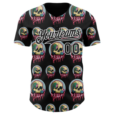 Custom Black White 3D Illymakes Drippy Succulent Skulls Authentic Baseball Jersey