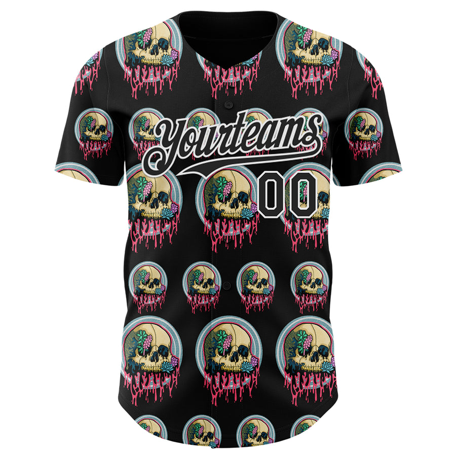 Custom Black White 3D Illymakes Drippy Succulent Skulls Authentic Baseball Jersey