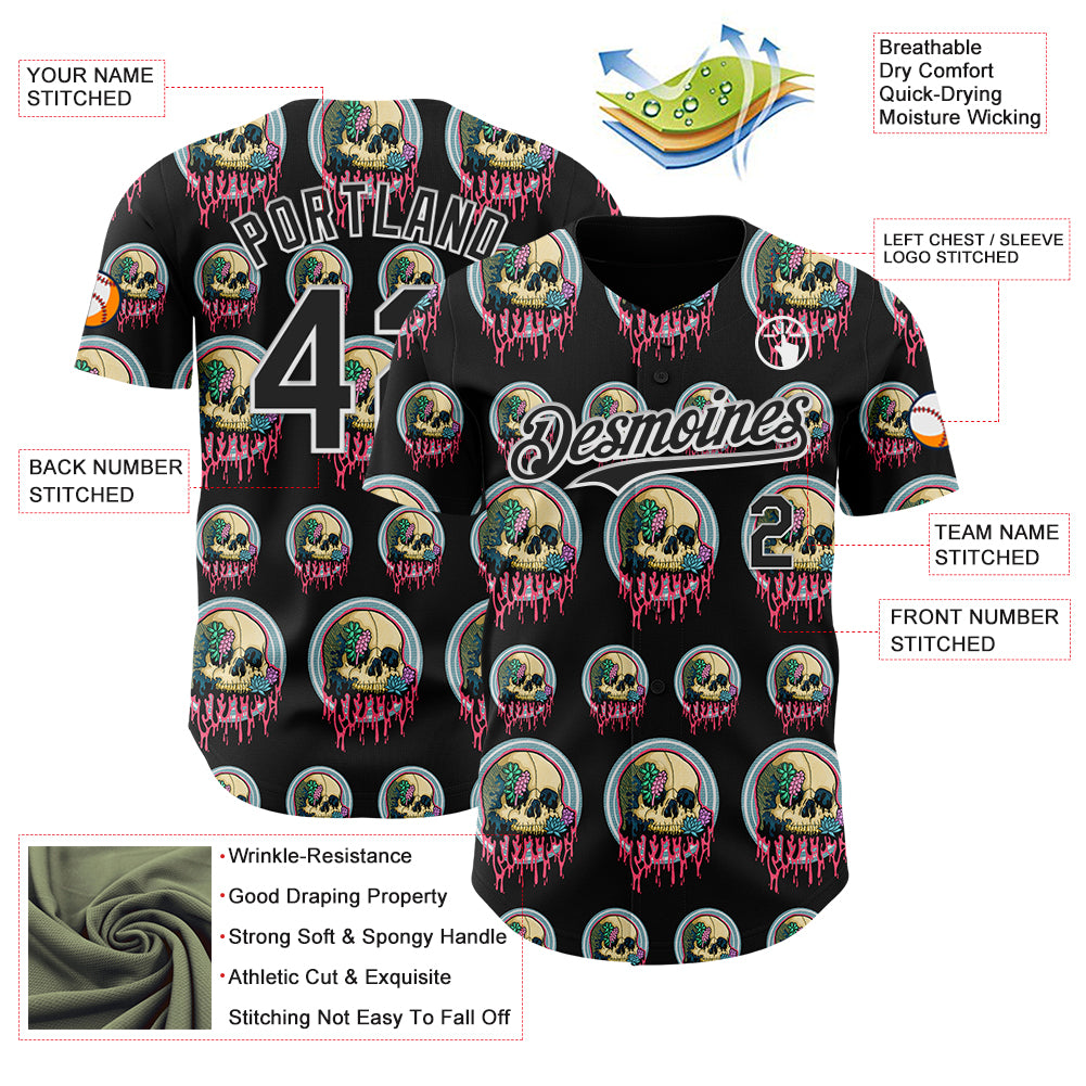 Custom Black White 3D Illymakes Drippy Succulent Skulls Authentic Baseball Jersey