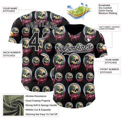 Custom Black White 3D Illymakes Drippy Succulent Skulls Authentic Baseball Jersey