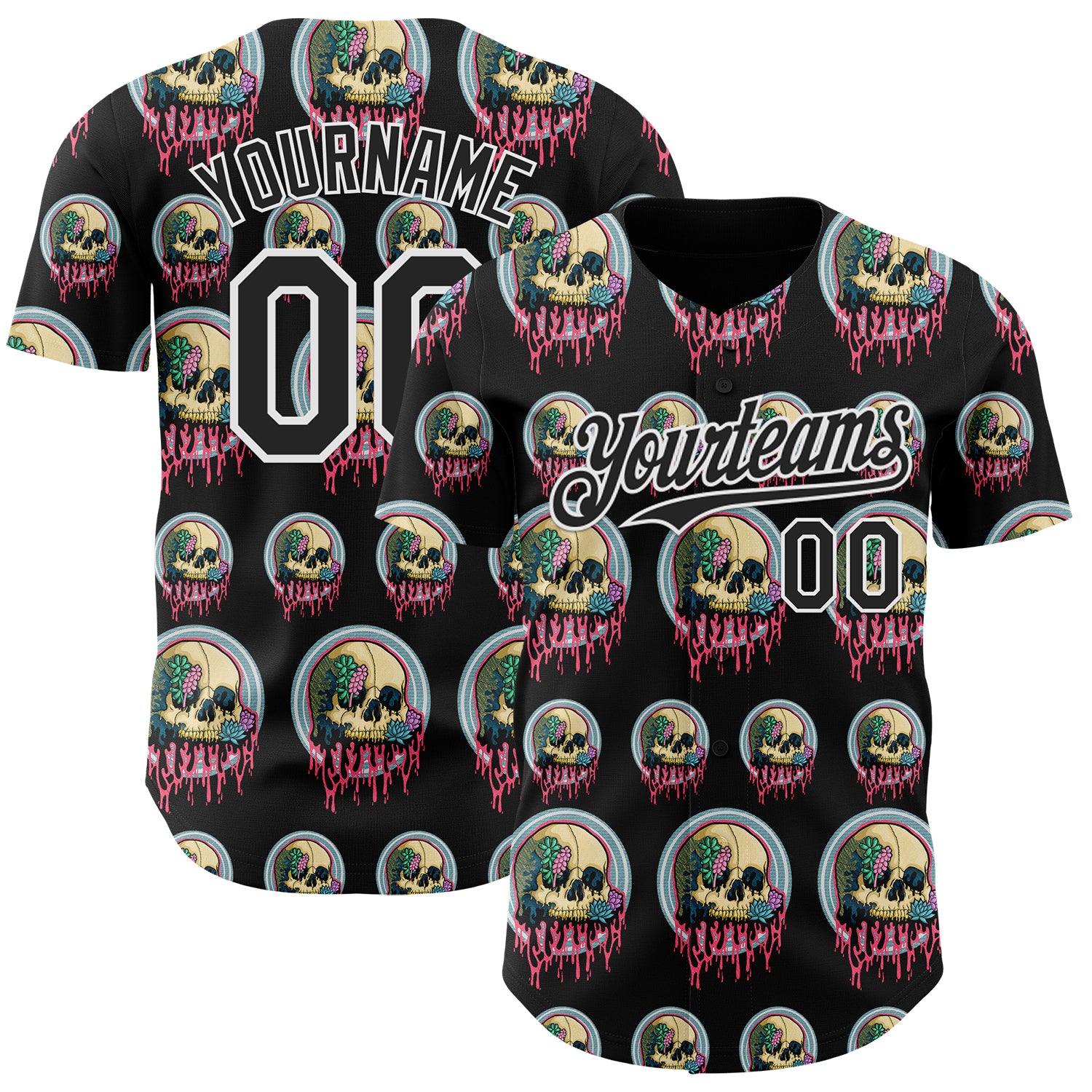 Custom Black White 3D Illymakes Drippy Succulent Skulls Authentic Baseball Jersey