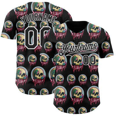 Custom Black White 3D Illymakes Drippy Succulent Skulls Authentic Baseball Jersey