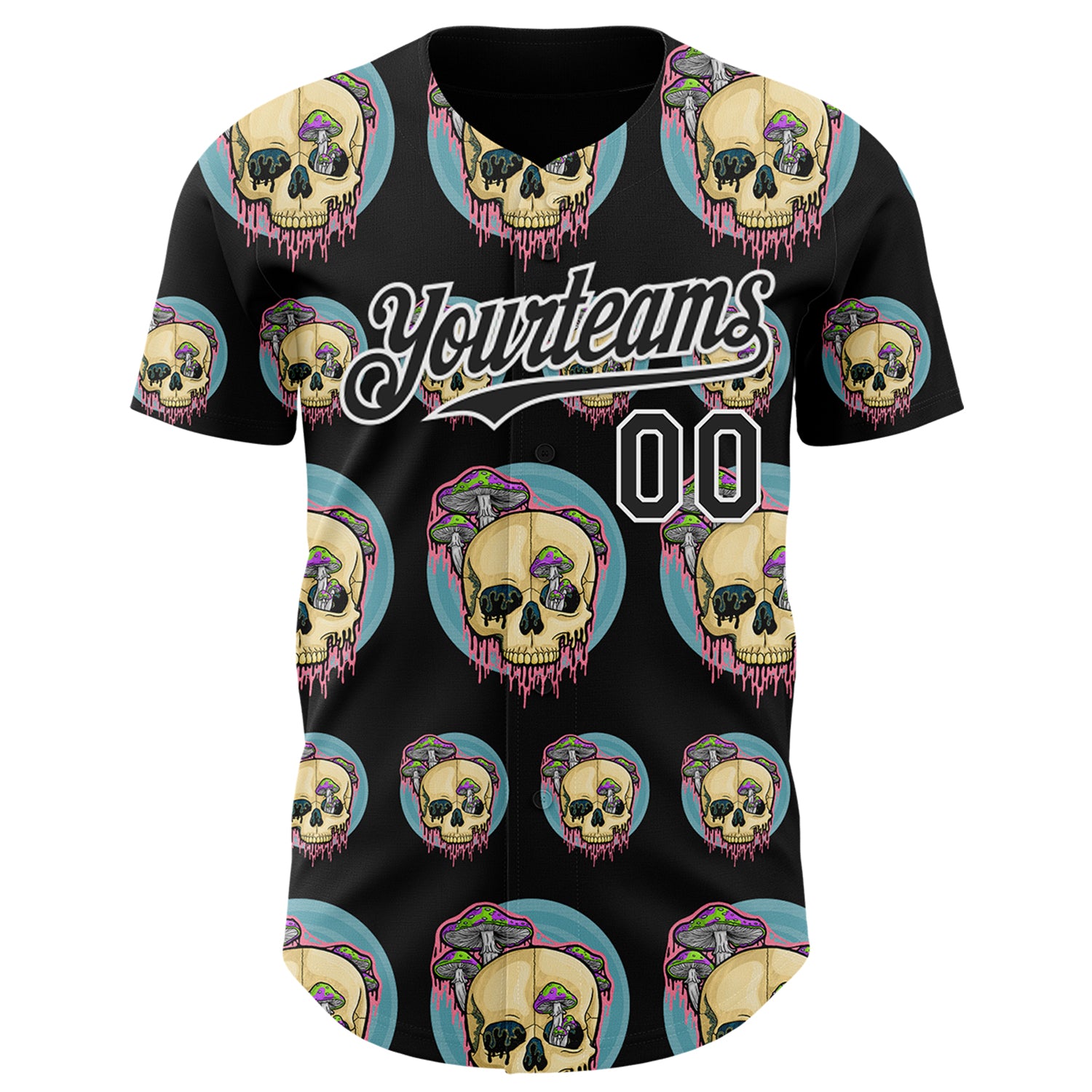Custom Black White 3D Illymakes Drippy Mushroom Skulls Authentic Baseball Jersey