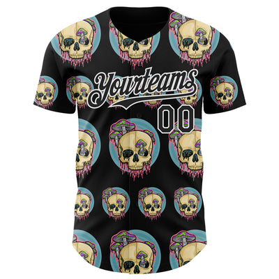Custom Black White 3D Illymakes Drippy Mushroom Skulls Authentic Baseball Jersey