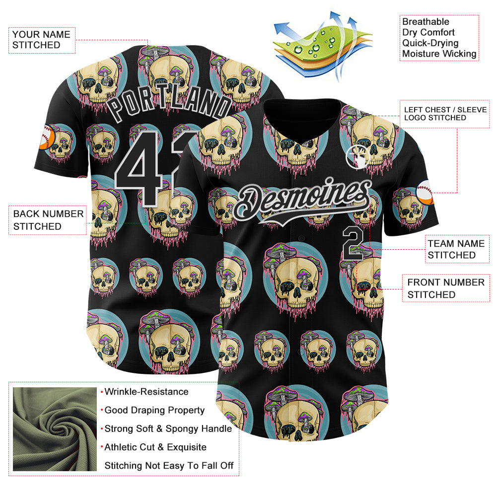 Custom Black White 3D Illymakes Drippy Mushroom Skulls Authentic Baseball Jersey