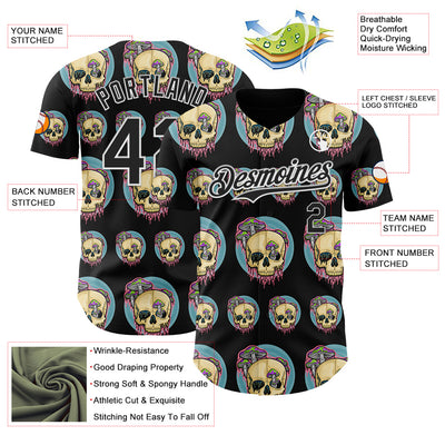 Custom Black White 3D Illymakes Drippy Mushroom Skulls Authentic Baseball Jersey