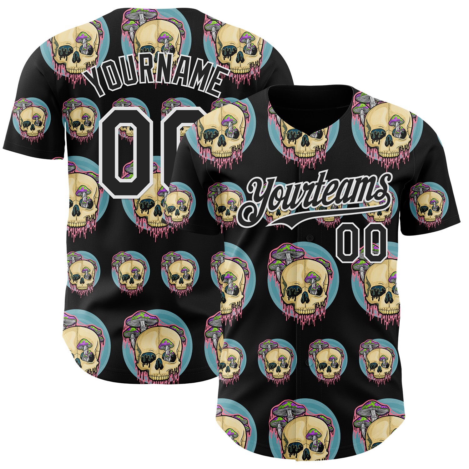 Custom Black White 3D Illymakes Drippy Mushroom Skulls Authentic Baseball Jersey