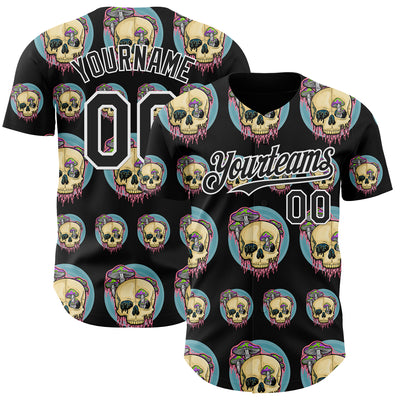 Custom Black White 3D Illymakes Drippy Mushroom Skulls Authentic Baseball Jersey