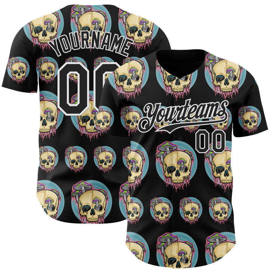 Custom Black White 3D Illymakes Drippy Mushroom Skulls Authentic Baseball Jersey