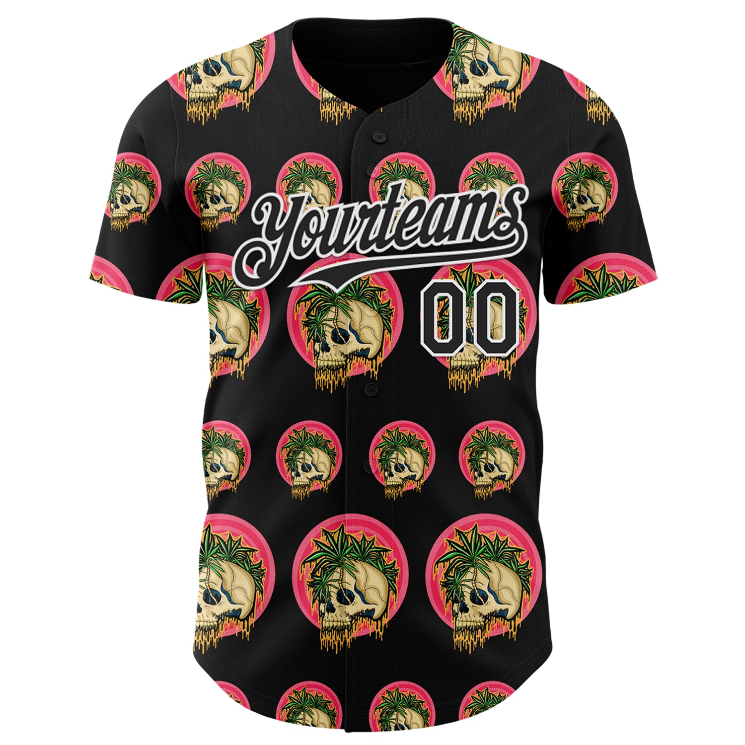 Custom Black White 3D Illymakes Drippy Tropical Skulls Authentic Baseball Jersey