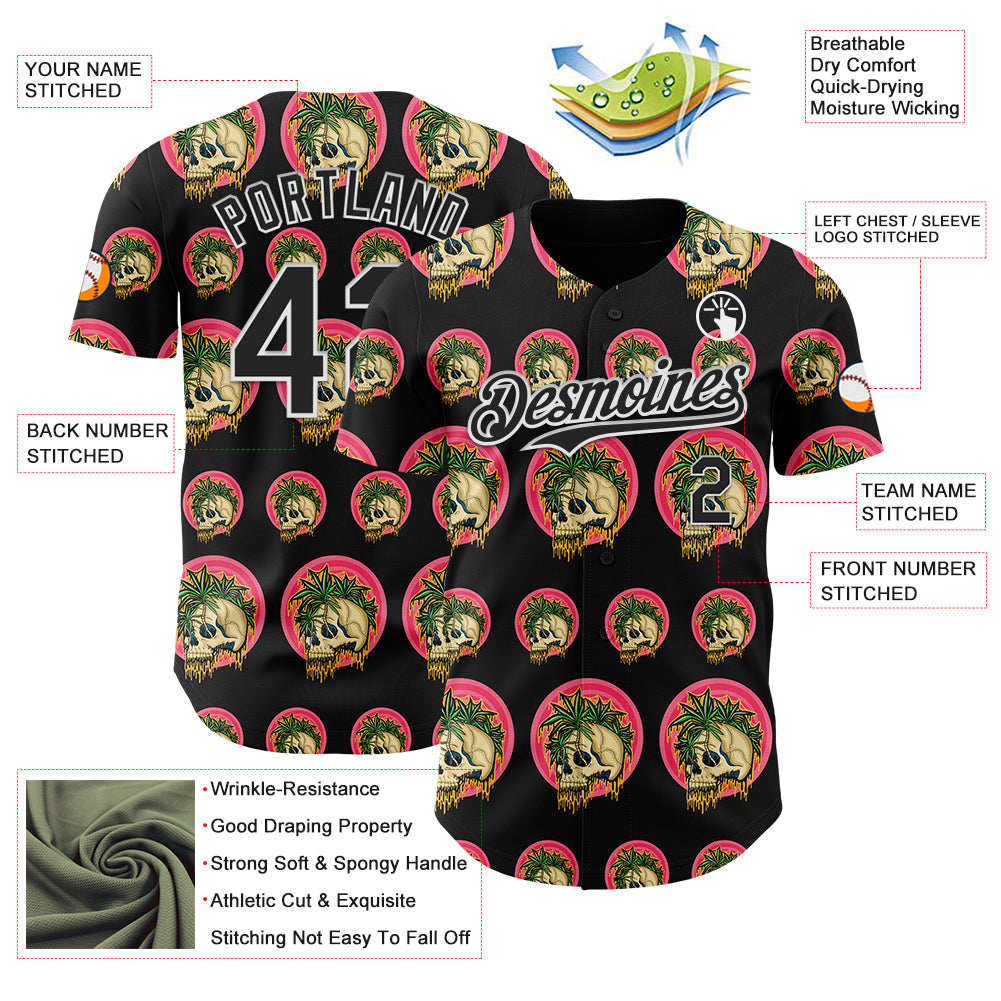 Custom Black White 3D Illymakes Drippy Tropical Skulls Authentic Baseball Jersey