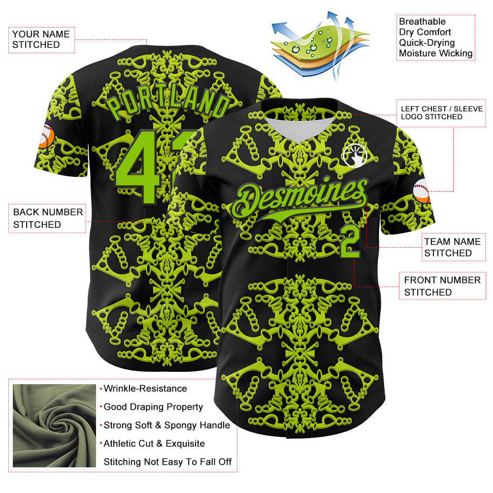 Custom Black Neon Green 3D KYLMAX HUBTUHAN Authentic Baseball Jersey