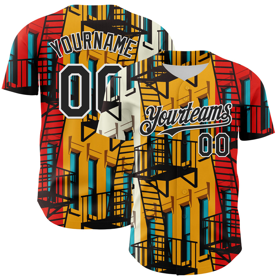 Custom Gold Black Red-White 3D Nikita Fraser Staircase Ny Authentic Baseball Jersey