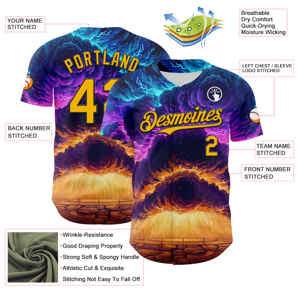 Custom Blue Gold-Black 3D Syntetyc Everstor Authentic Baseball Jersey