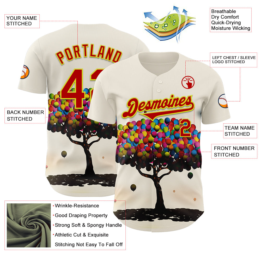 Custom Cream Red-Neon Yellow 3D Marcel Caram Balloon Tree Authentic Baseball Jersey
