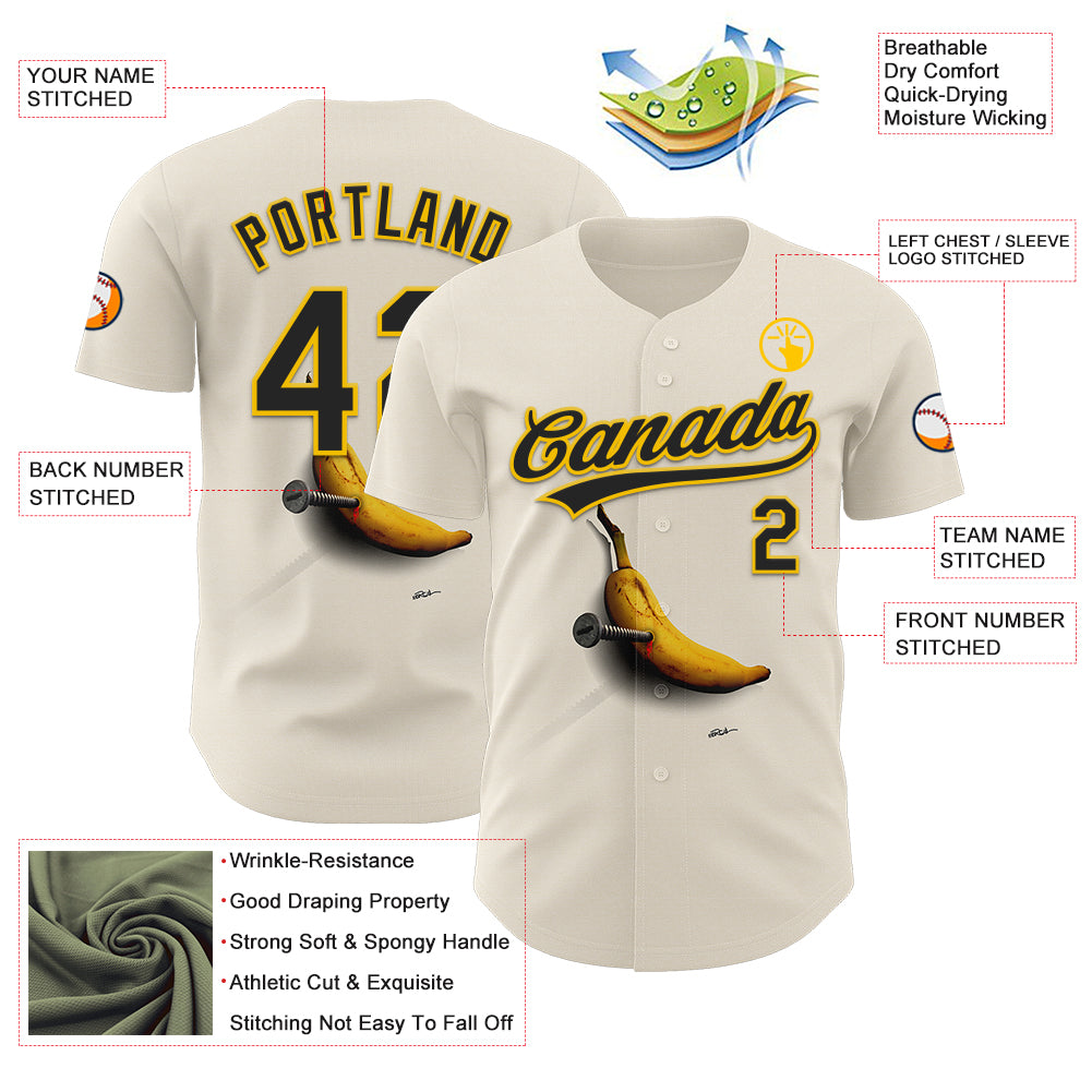 Custom Cream Black-Yellow 3D Marcel Caram Bananas Reinterpretation Authentic Baseball Jersey